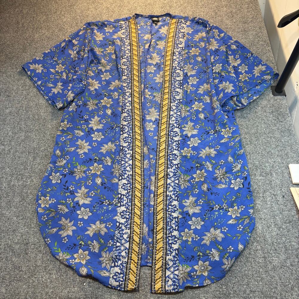 Bobeau Women's 1X Plus Blue Floral Tunic Top Duster Cardigan Robe Swim Cover Up